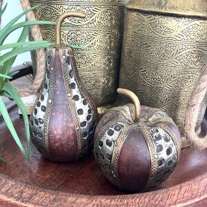 Vintage Wood Brass Metal Fruit Decor Midcentury Paperweights Apple Pear VTG MCM